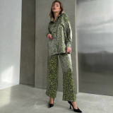 Spring Fashion Casual Women's Leopard Print Long Sleeve Shirt Pants Two Piece Set