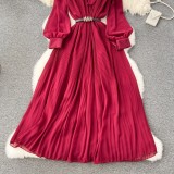 Spring Women's Bow Pleated Chiffon Puff Sleeve Long Dress