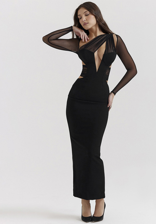 Spring Hollow Mesh Fashionable Hollow Long Sleeve Slit Long Dress
