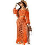 Summer Hollow Sexy Fashion Mesh Tassel See-Through Two-Piece Skirt Set