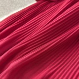 Spring Women's Bow Pleated Chiffon Puff Sleeve Long Dress