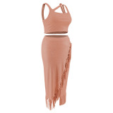 Plus Size Women's Tassel Irregular Sleeveless Two Piece Skirt Set
