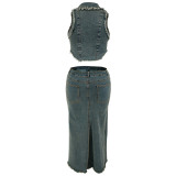 Plus Size Women's Denim Sleeveelss Zipper Top Slit Long Skirt Two Piece Set