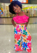 Girls Summer Strap Short Top Printed Wide Leg Pants Two Piece Set Girls Summer Strap Short Top Printed Wide Leg Pants Two Piece Set