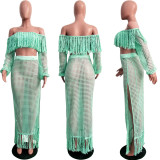 Summer Hollow Sexy Fashion Mesh Tassel See-Through Two-Piece Skirt Set