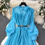 Spring Women's Bow Pleated Chiffon Puff Sleeve Long Dress
