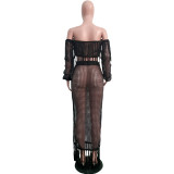 Summer Hollow Sexy Fashion Mesh Tassel See-Through Two-Piece Skirt Set