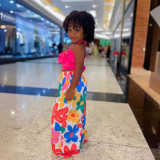 Girls Summer Strap Short Top Printed Wide Leg Pants Two Piece Set