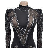 Fashion Women's Solid Color Beaded Mesh Long Sleeve Jumpsuit