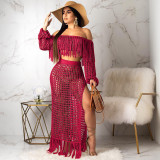 Summer Hollow Sexy Fashion Mesh Tassel See-Through Two-Piece Skirt Set