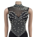 Fashion Women's Solid Color Beaded Mesh Sleeveless Long Dress