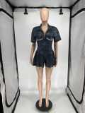 Women's Printed Deep V Slim Waist Short Sleeve Pleated A-Line Casual Jumpsuit