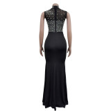 Fashion Women's Solid Color Beaded Mesh Sleeveless Long Dress