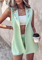 Fashionable Beaded Sleeveless Blazer Shorts Two Piece Set Fashionable Beaded Sleeveless Blazer Shorts Two Piece Set