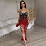 Strap Solid Color Beaded Mesh Irregular See-Through Women's Sexy Bodycon Dress