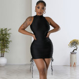 Sexy Solid Color Back Drawstring Sleeveless Women's Mini Dress