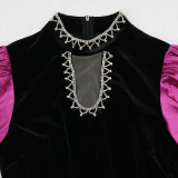 Muslim Abaya Contrast Color Robe Slim Fit Zipper Velvet Dress