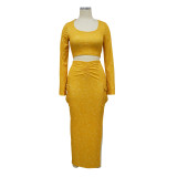 Fashionable Women's Ribbed Printed Long Sleeve Side Pockets Slit Two Piece Skirt Set