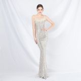 Women beaded ostrich feather phantom sequin Maxi evening dress