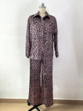 Spring Fashion Casual Women's Leopard Print Long Sleeve Shirt Pants Two Piece Set
