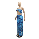 Women Summer Printed Strapless Top and Tassel Mini Skirt Two-piece Set