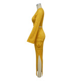 Fashionable Women's Ribbed Printed Long Sleeve Side Pockets Slit Two Piece Skirt Set