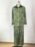Spring Fashion Casual Women's Leopard Print Long Sleeve Shirt Pants Two Piece Set