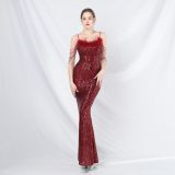 Women beaded ostrich feather phantom sequin Maxi evening dress