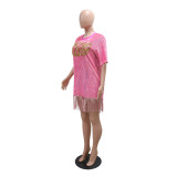 Women Fashion Round Neck Short Sleeve Sequin Tassel Casual Dress