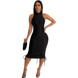 Sexy Solid Color Back Drawstring Sleeveless Women's Mini Dress