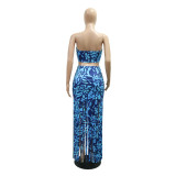 Women Summer Printed Strapless Top and Tassel Mini Skirt Two-piece Set