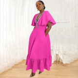 Women Pocket Ruffle Sleeve V-Neck Contrast Patchwork Dress