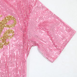 Women Fashion Round Neck Short Sleeve Sequin Tassel Casual Dress