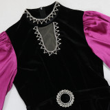 Muslim Abaya Contrast Color Robe Slim Fit Zipper Velvet Dress