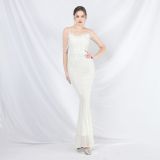 Women beaded ostrich feather phantom sequin Maxi evening dress