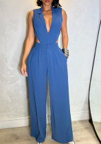 Women Sleeveless Turndown Collar Wide Leg Jumpsuit