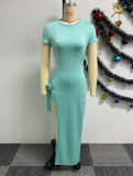 Sexy Solid Color Hollow Stretch Tight Fitting Slit Lace-Up Midi Dress Shorts Two Piece Set