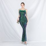 Women beaded ostrich feather phantom sequin Maxi evening dress