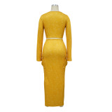 Fashionable Women's Ribbed Printed Long Sleeve Side Pockets Slit Two Piece Skirt Set