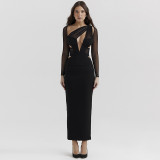 Spring Hollow Mesh Fashionable Hollow Long Sleeve Slit Long Dress