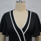 Women Pocket Ruffle Sleeve V-Neck Contrast Patchwork Dress