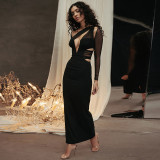 Spring Hollow Mesh Fashionable Hollow Long Sleeve Slit Long Dress