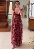 Summer Fashion Printed U-Neck Flying Sleeves High Waist Ruffled Long Dress