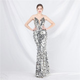 Luxury Sequin Strap Mermaid Gown Elegant Long Evening Dress