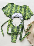 Snake Print Women's Round Neck Short Sleeve One Piece Bikini Swimsuit