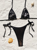 Exy Women Patchwork Lace-Up Two Piece Bikini Solid Color Swimsuit
