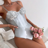 Street Satin Sequin Strap Sexy Low Back Fishbone Underwire Bodysuit