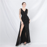 Luxury Sequin Rhinestone Chain Slit Long Evening Dress