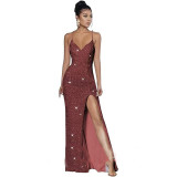 Sleeveless Backless Strap Red Deep V-Neck Sequin Dress（Processing time need 3-6 days）