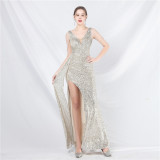 Luxury Sequin Rhinestone Chain Slit Long Evening Dress